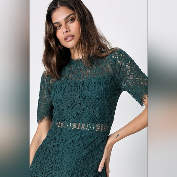 Lulus Dresses & Skirts - NWT Elegant Wedding Guest Lace Dress GreenShort Sleeve Dress -- Size M